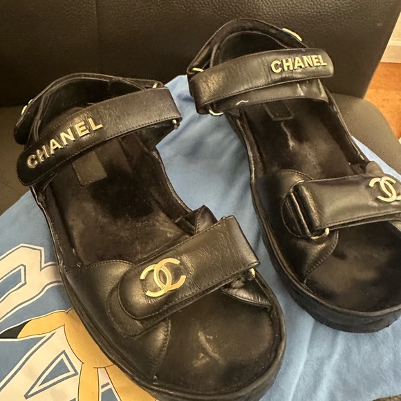 Chanel Black Sandals with Gold Accents dad sandals leather sandals - Picture 2 of 16